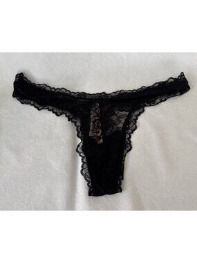 VICTORIA'S SECRET XL BLACK HIGH LEG LACE THONG PANTIES COTTON NWT